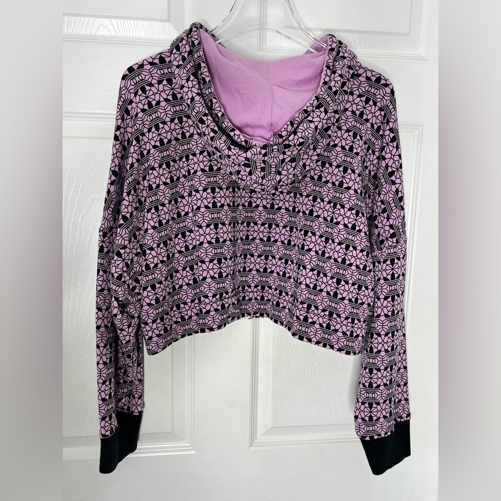 Adidas Trefoil Purple Black Printed Logo Cropped Hoodie Hooded Sweater - Picture 4 of 5